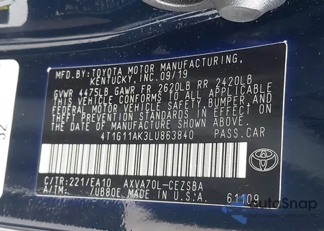 2020 Toyota Camry Se из США, поврежденный, VIN 4T1G11AK3LU863840